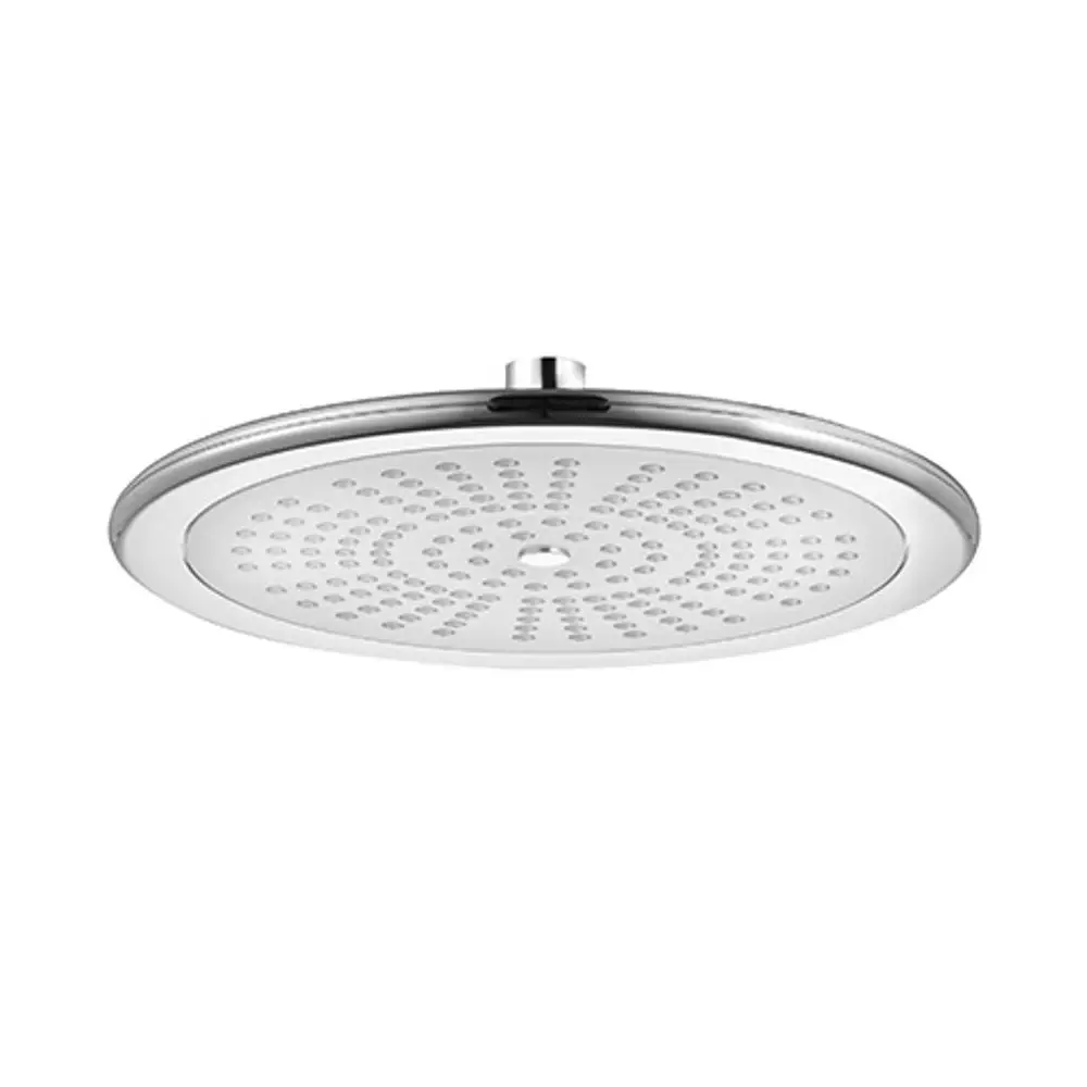 Runde, flache Kopfbrause in Chrom mit gleichmäßig verteilten Wasseröffnungen, geeignet für Montage an Decke oder Wand, hergestellt von Kludi.